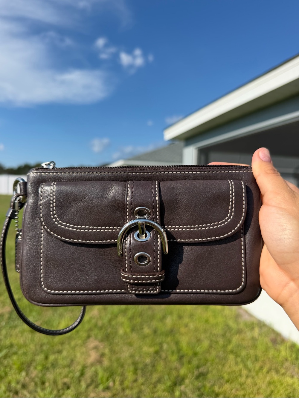 Chocolate brown soho bucle leather wristlet